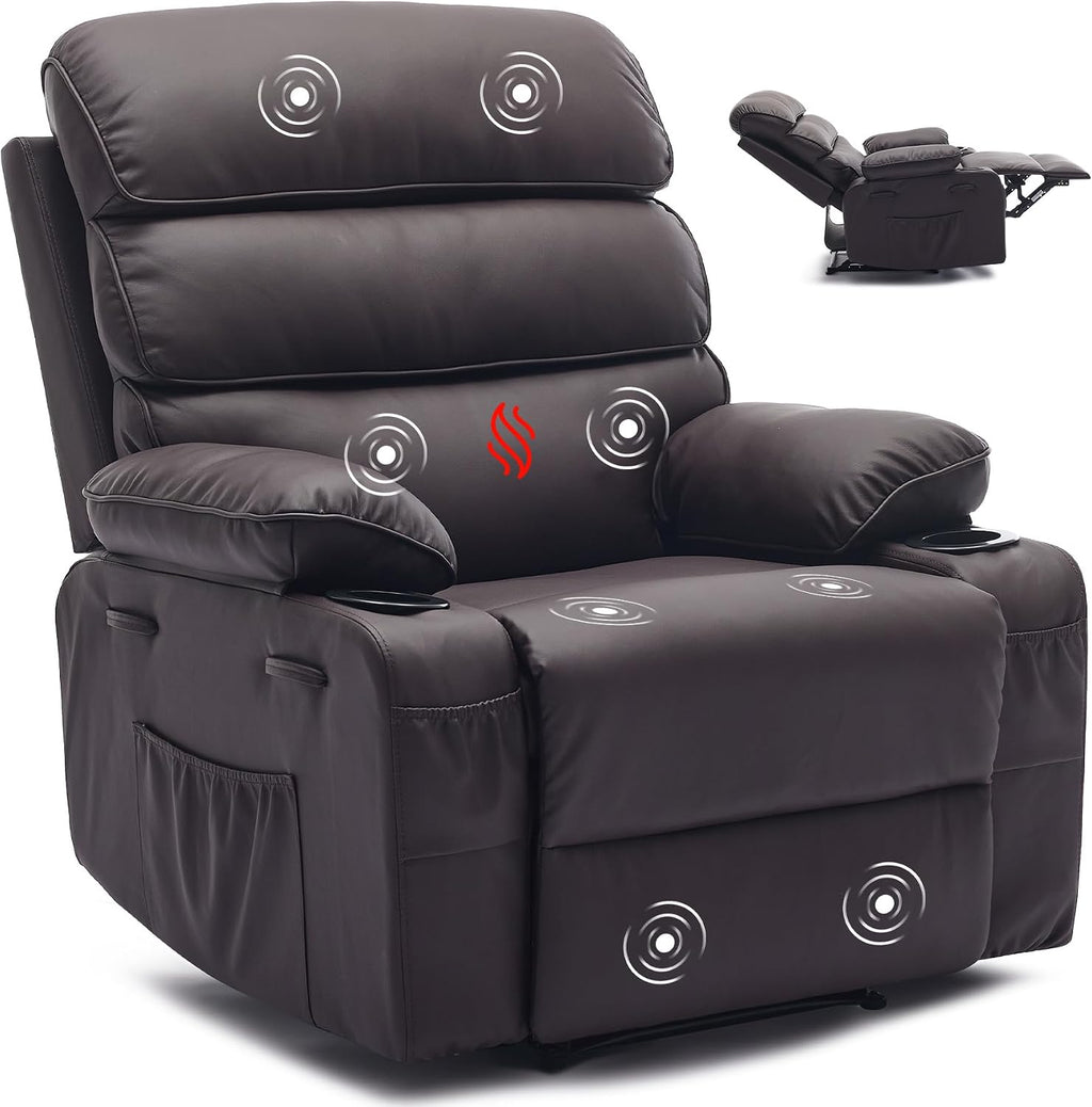Garvee PU Leather Manual Recliner Chair with Massage and Heat, 27' Extra Wide Seat, 400 lbs Capacity, Thickened Sponge Armrests and Back, Cup Holders & Side Pocket, Living Room or Bedroom, Dark Brown