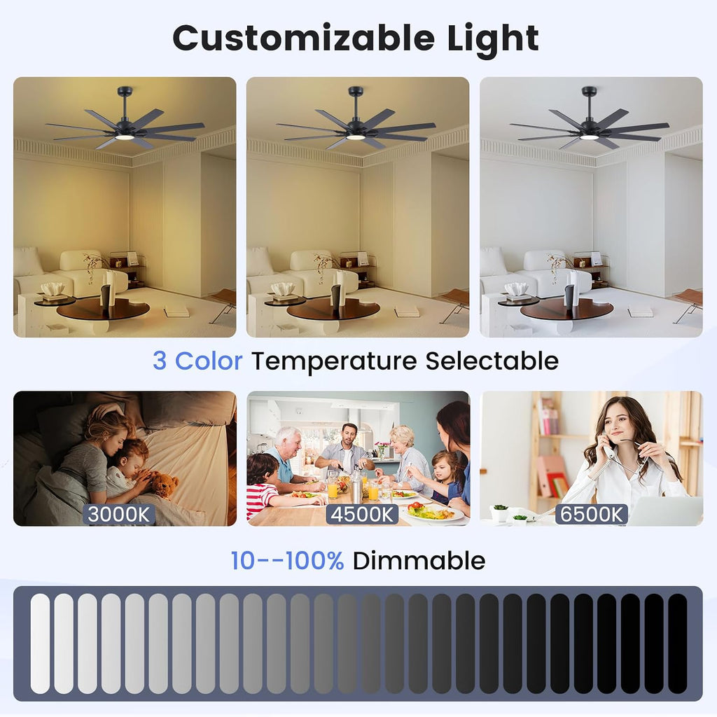Newday 62 inch Large Ceiling Fans with Lights and Remote, Indoor/Outdoor Black Modern Ceiling Fan for Kitchen Living Room Patio, 6 Speed Reversible Quiet DC Motor, 3 CCT, Dual Finish 8 Blades