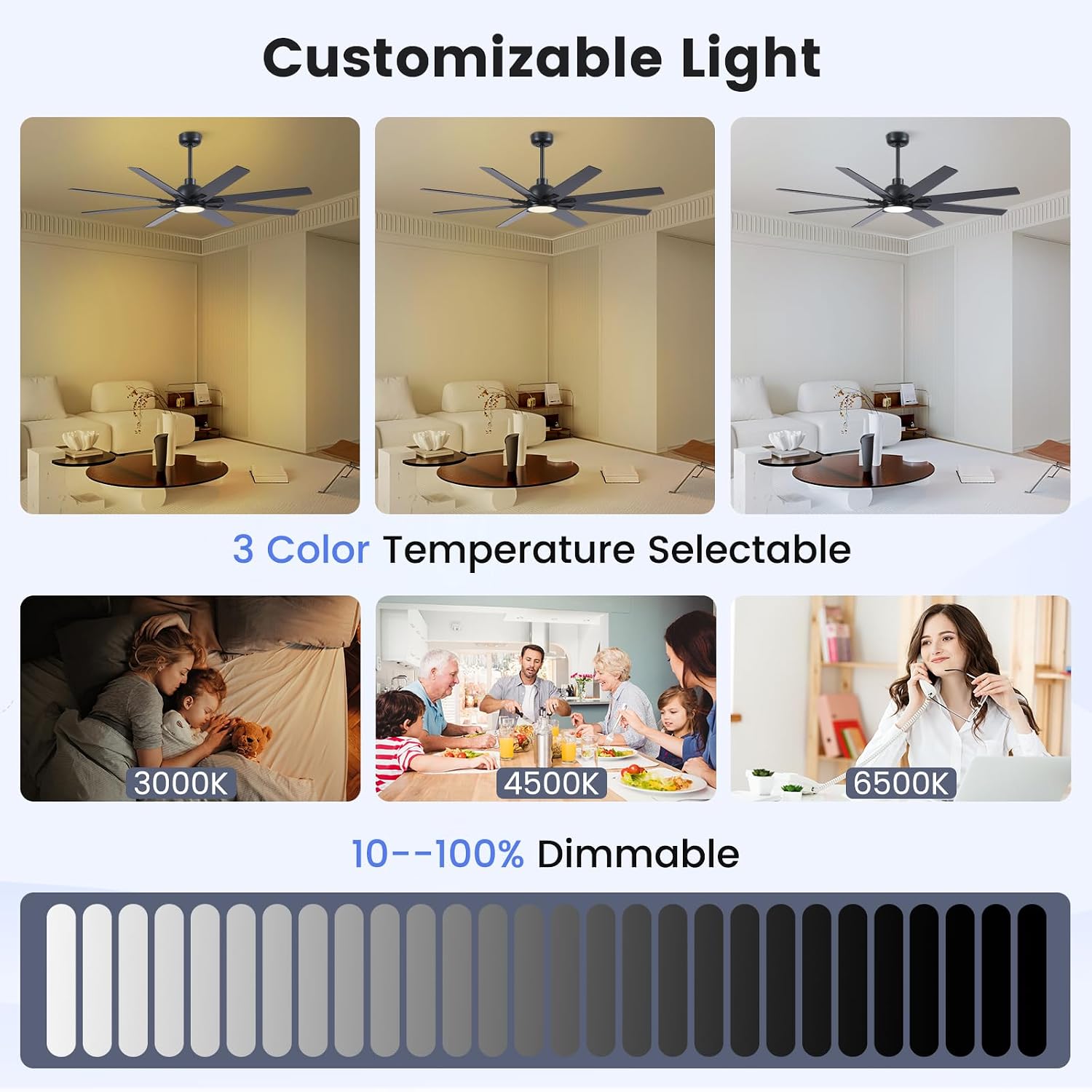 Newday 62 inch Large Ceiling Fans with Lights and Remote, Indoor/Outdoor Black Modern Ceiling Fan for Kitchen Living Room Patio, 6 Speed Reversible Quiet DC Motor, 3 CCT, Dual Finish 8 Blades