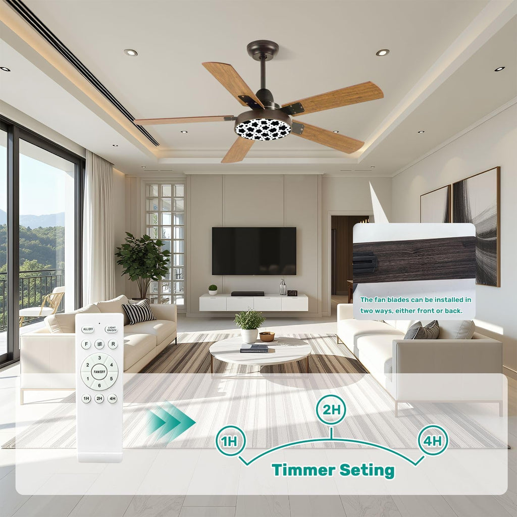 Modern Ceiling Fans with Lights Remote, Black White Cow Print seamless from Country Sunflower Collection 42 Inch Ceiling Fan for Bedroom Living Room Farmhouse, 6 Speed Reversible Quiet Motor