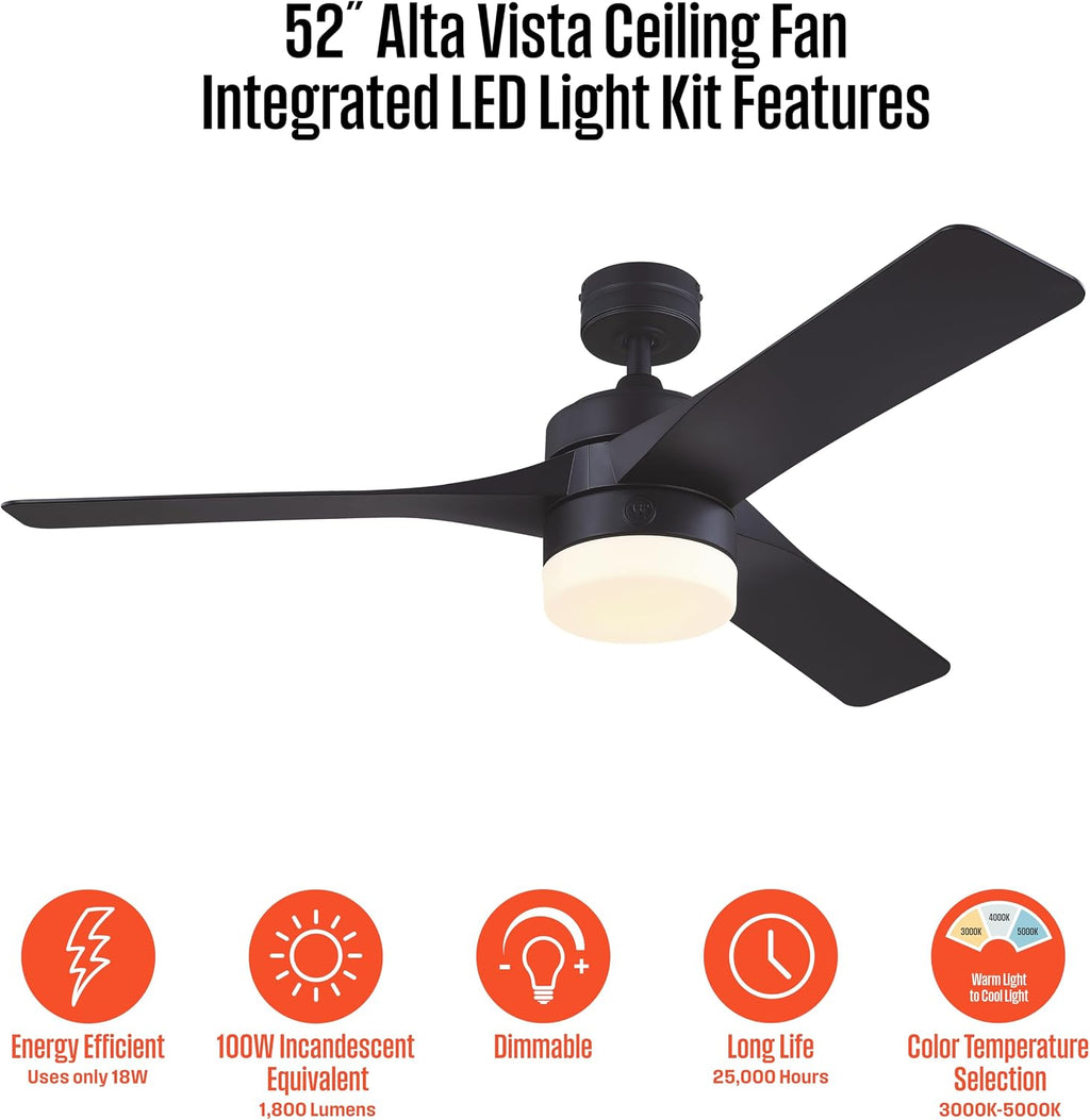 Westinghouse Lighting Alta Vista Contemporary Indoor/Outdoor Ceiling Fan, Dimmable LED Light Fixture with Opal Frosted Glass, Remote Control, 52 Inch, Matte Black Finish, DC Motor