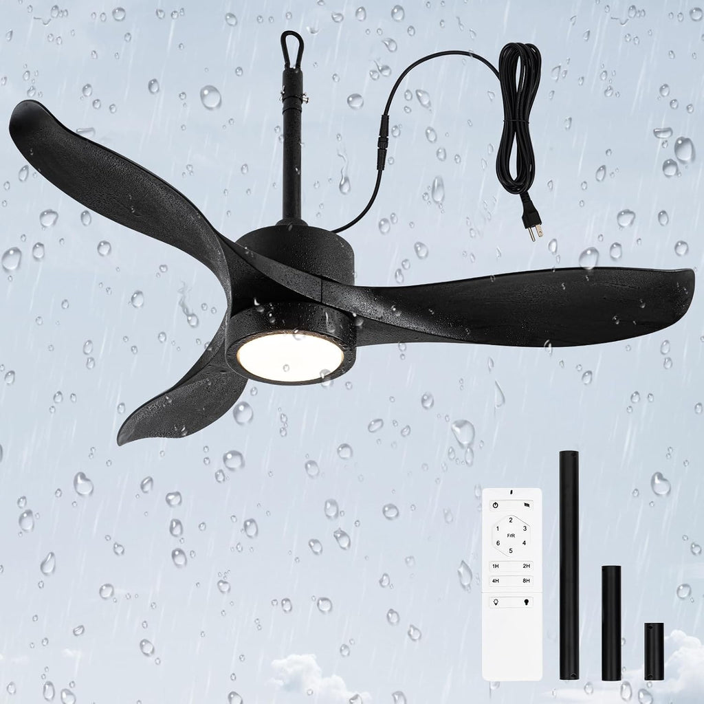 TIFEROR 42' Outdoor Ceiling Fan with Light and Remote, IP65 Waterproof Ceiling Fan for patios, Plug In with Hanging and Hook, 3-Colors LED, Lighting for Pergola, Canopy, Porch, Gazebo