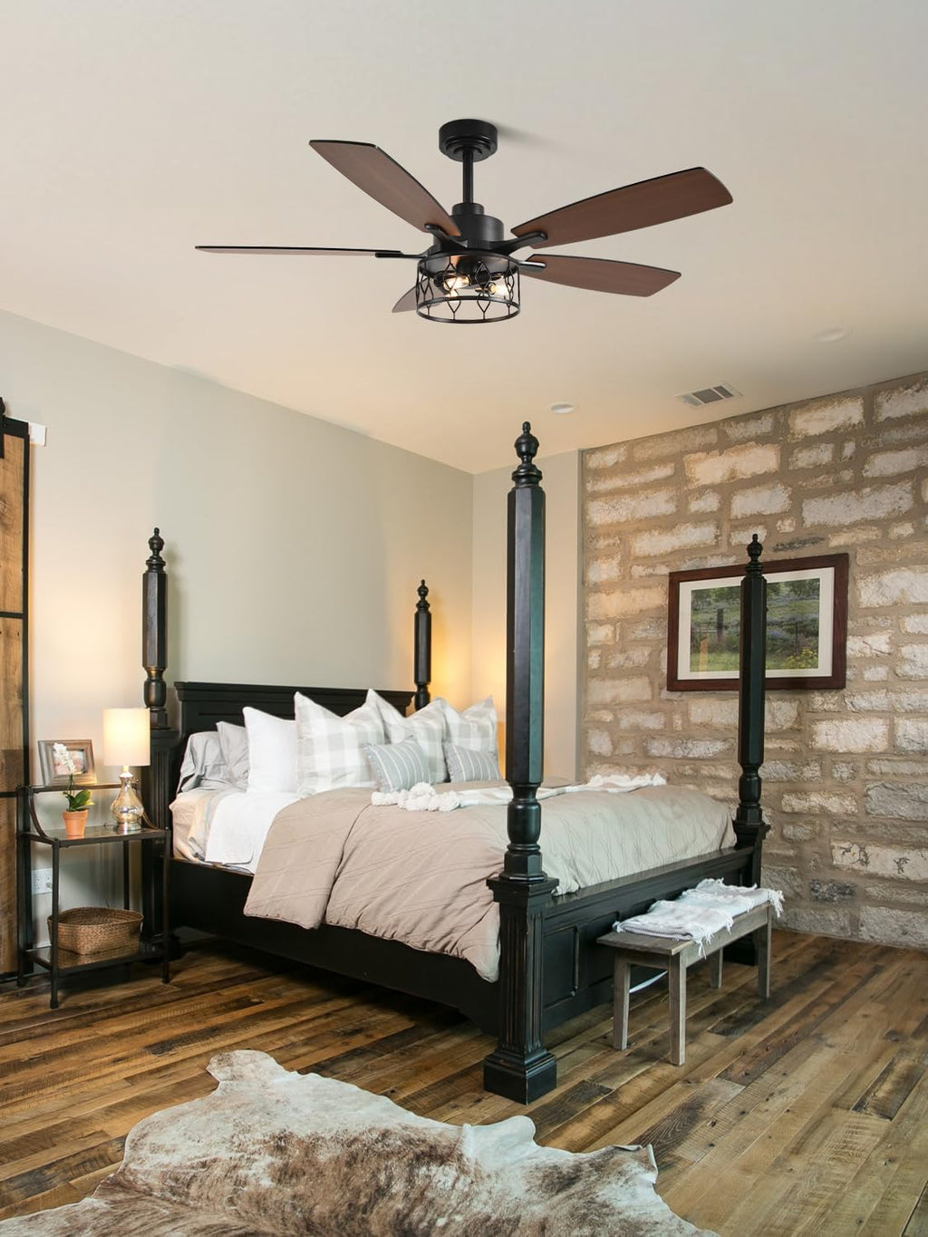 Rustic Ceiling Fan with Lights and Remote, Large Farmhouse Ceiling Fan Caged Fandelier Chandelier, Reversible Quiet DC Motor 6 Speeds for Living Room (Black Cage, 52 Inch)