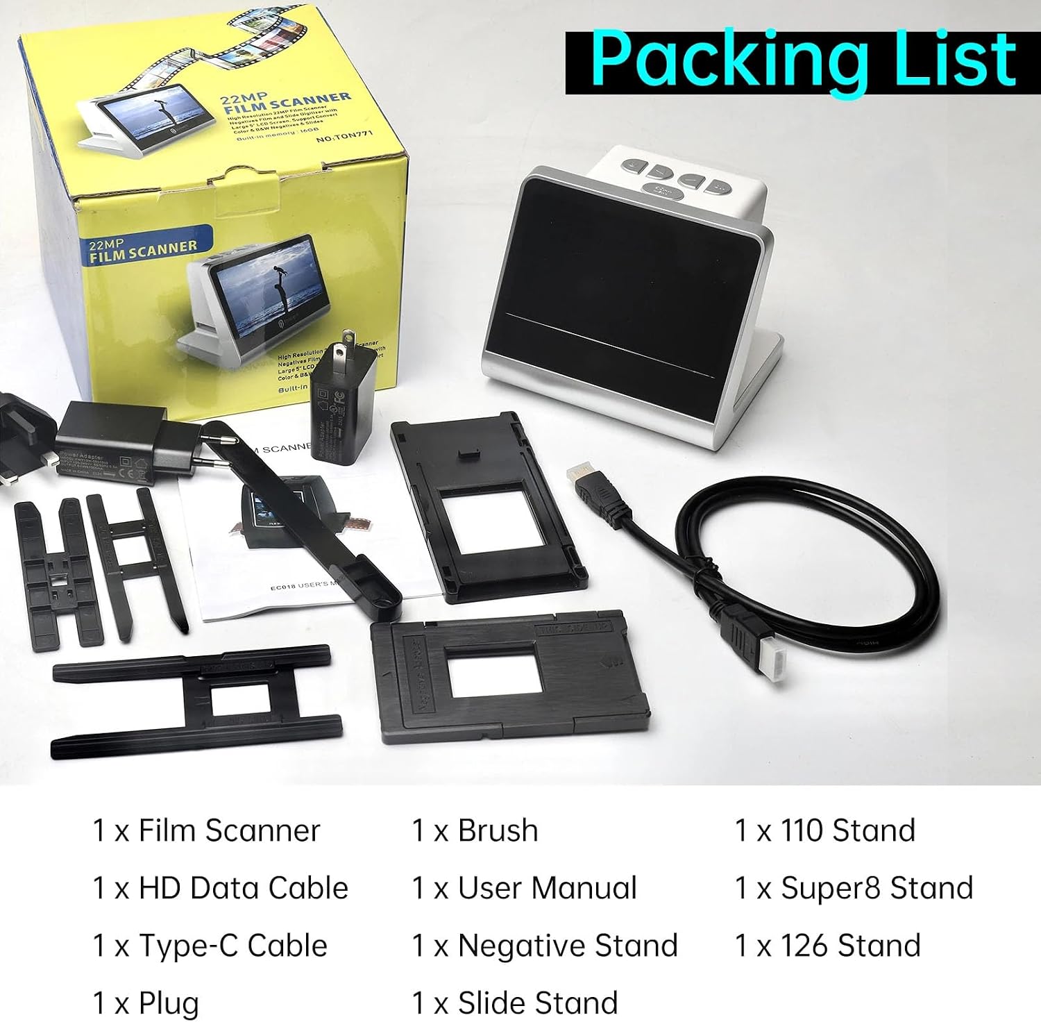 5-inch Screen 22MP Film Scanner,135 Film/126KPK/110 Film/Super8/Monochrome/Slide to Digital JPEG Photos