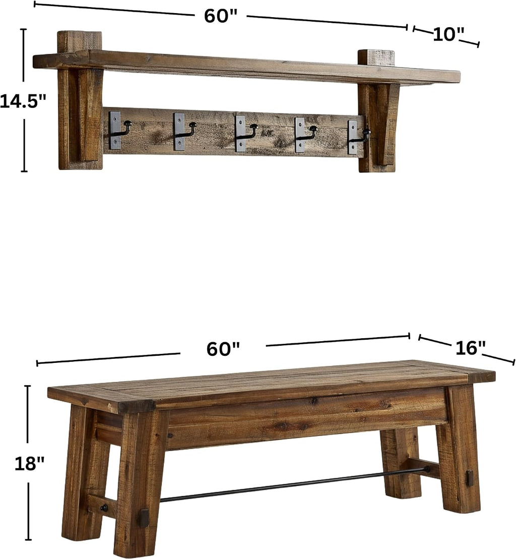 Durango 60-Inch Industrial Wood Coat Hook Shelf and Bench Set, Rustic Farmhouse Entryway Furniture with Metal Accents, 450 lbs Bench Capacity, Includes Cleat System for Easy Hanging