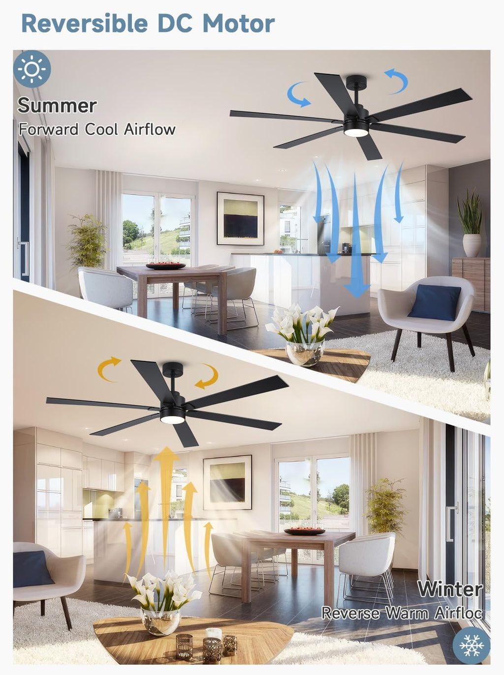 66 Inch Black Large Ceiling Fans with Lights and Remote, Damp Rated Outdoor Ceiling Fan for Patio with 3 Down Rods, Modern Reversible DC Fan for Indoor Living Room Farmhouse Porch Industrial