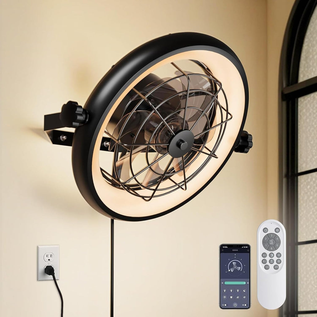 16' Wall Mounted Fan Indoor, Quiet 6 Speed Wall Mount Fan with Remote, Light and Timer, 360° Adjustable Tilt Plug in Wall Fan for Garage, Bedroom, Kitchen, Living Room, Greenhouse, Patio