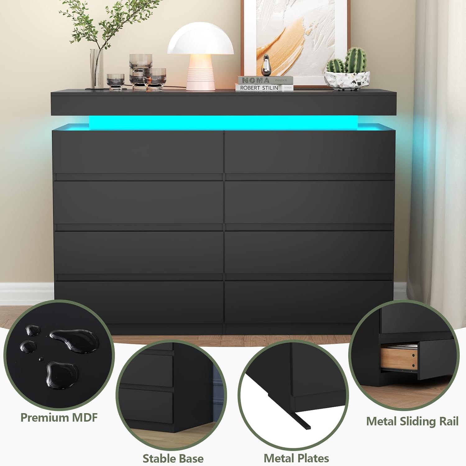Gyfimoie 8 Drawer Dresser with Power Outlet, Dresser with LED Light, Modern Chest of Drawers for Closet, Double Wide Drawer Organizer Cabinet for Bedroom, Living Room (Black, 8 Drawers)