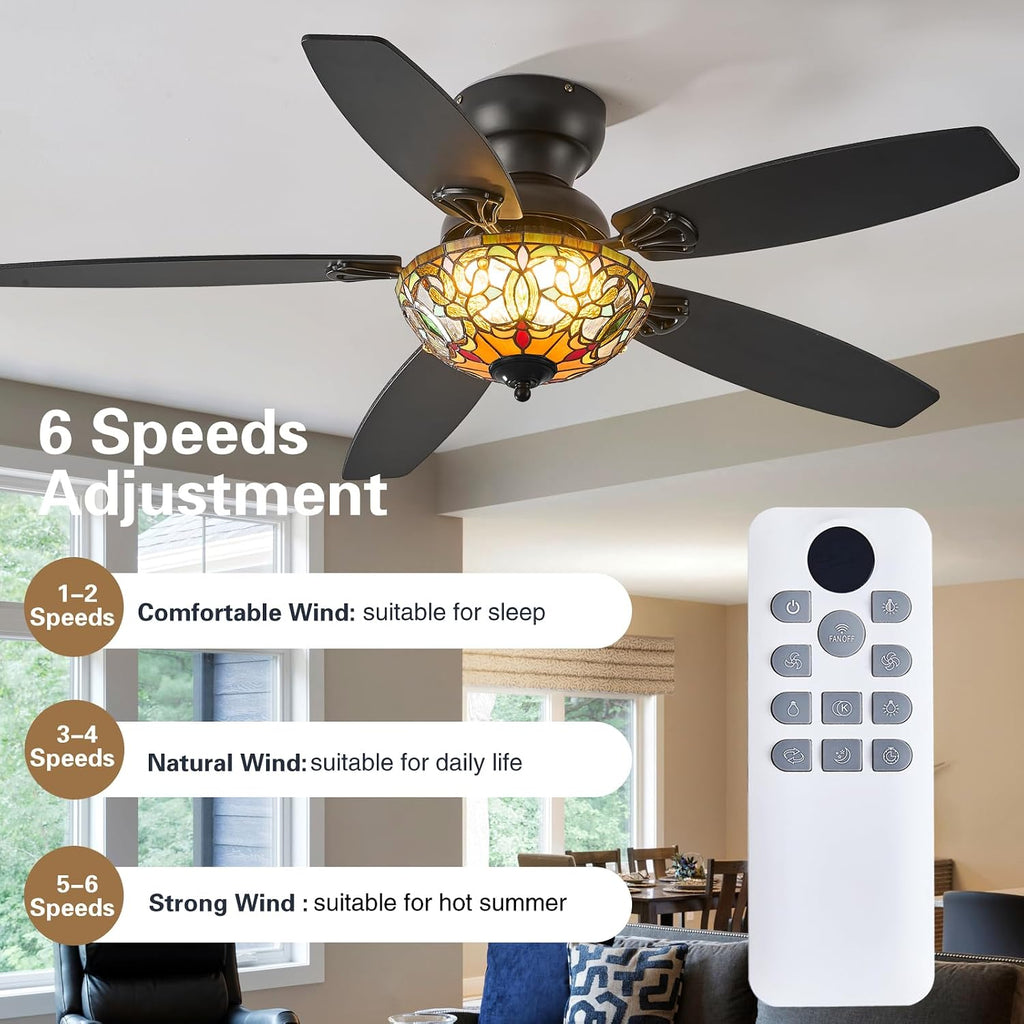 Tiffany Ceiling Fans with Lights - 48' Ceiling Fan Chandelier with 5 Dual-Blades and Glass Shade, 6 Speeds and Reversible, Indoor and Outdoor, Retro Style