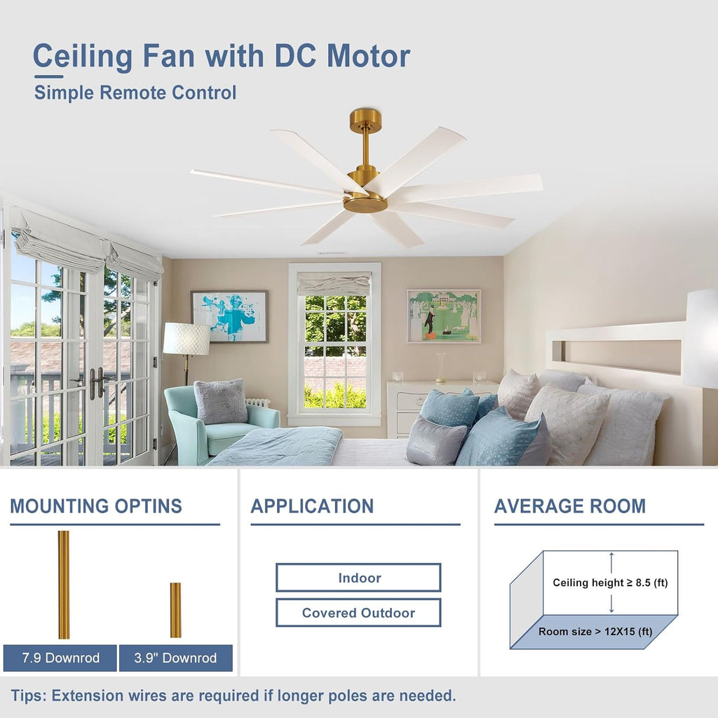 Farmhouse Ceiling Fan with Remote: 60' White and Gold 8-Blade 5-Speed Reversible DC Motor - Large Indoor/Outdoor Fan