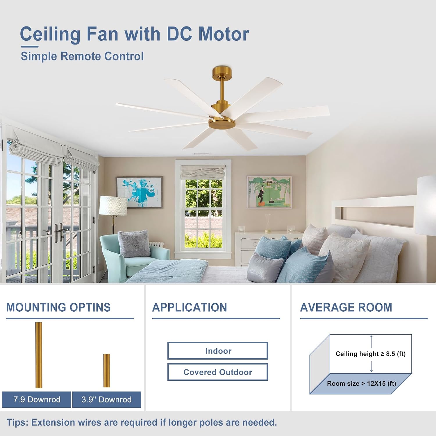 Farmhouse Ceiling Fan with Remote: 60' White and Gold 8-Blade 5-Speed Reversible DC Motor - Large Indoor/Outdoor Fan