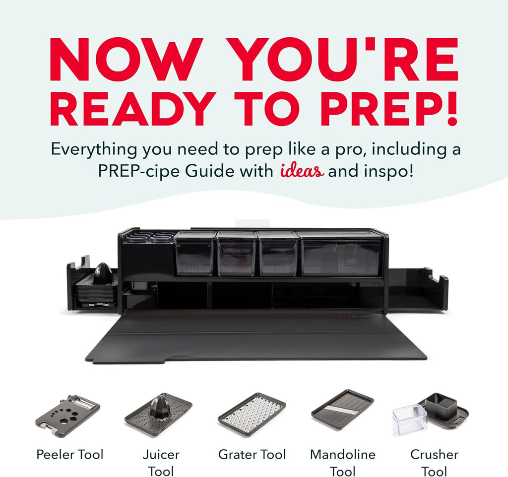 Prepdeck Gen 2 Recipe Prep & Storage Station - 8 Essential Tools + Deluxe Cutting Board, 14 Plastic Containers + Super-Seal Lids, Removable Trash Compartments, Tablet Stand Included - Midnight Black