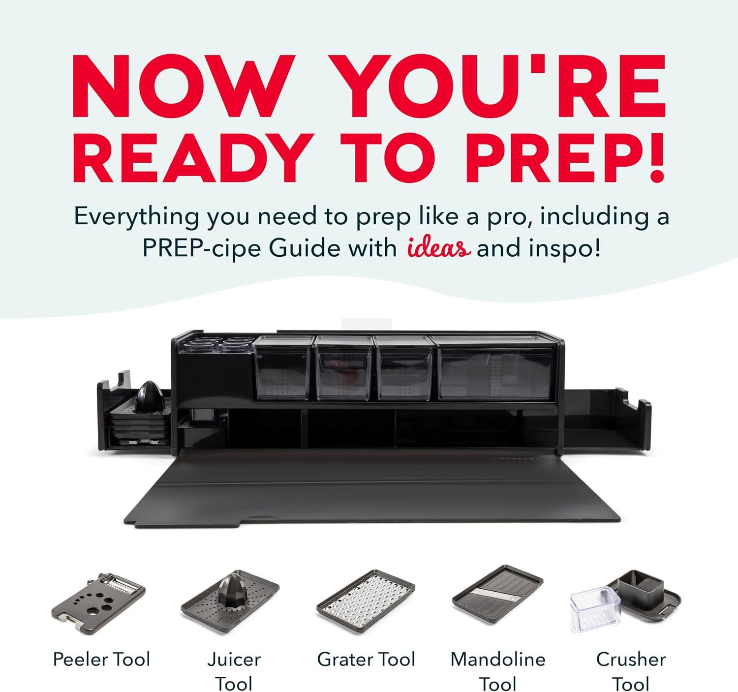 Prepdeck Gen 2 Recipe Prep & Storage Station - 8 Essential Tools + Deluxe Cutting Board, 14 Plastic Containers + Super-Seal Lids, Removable Trash Compartments, Tablet Stand Included - Midnight Black