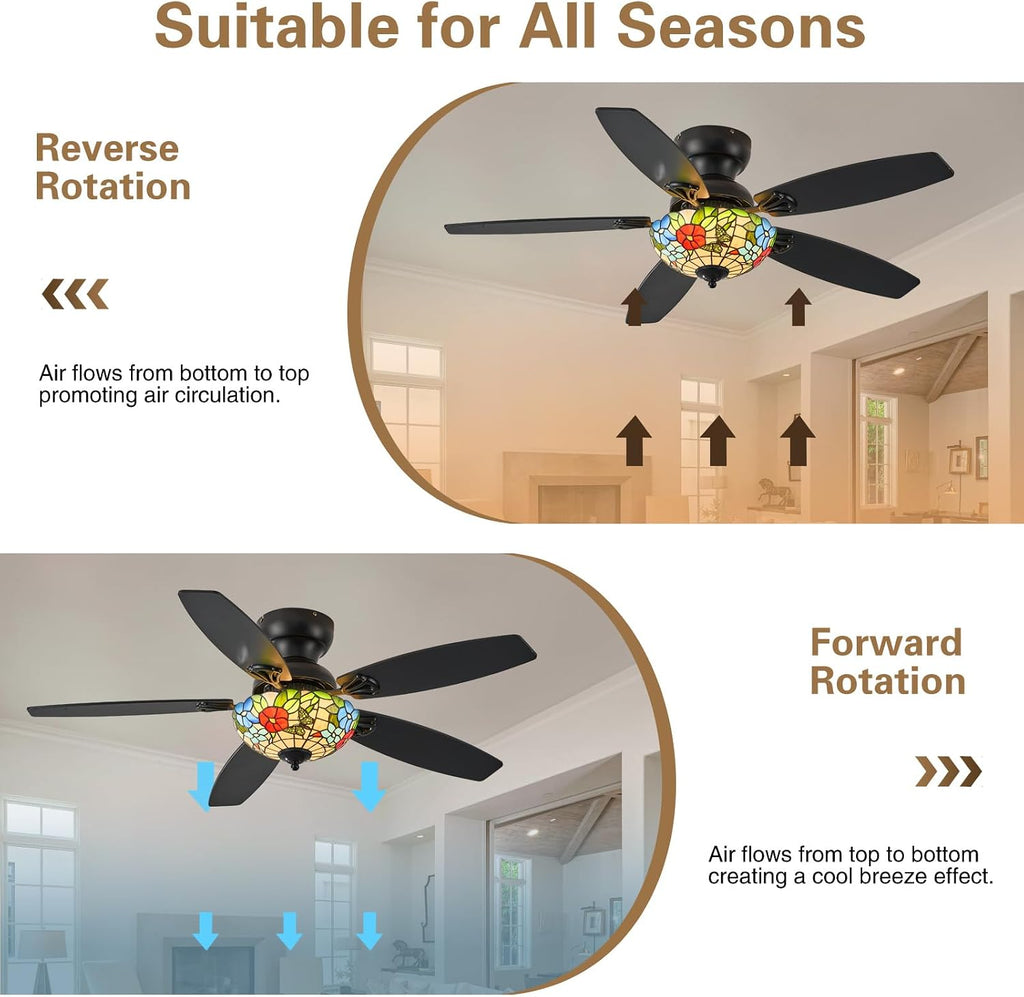 Tiffany Ceiling Fans with Lights - 48' Ceiling Fan Chandelier with 5 Dual-Blades and Glass Shade, 6 Speeds and Reversible, Indoor and Outdoor, Retro Style