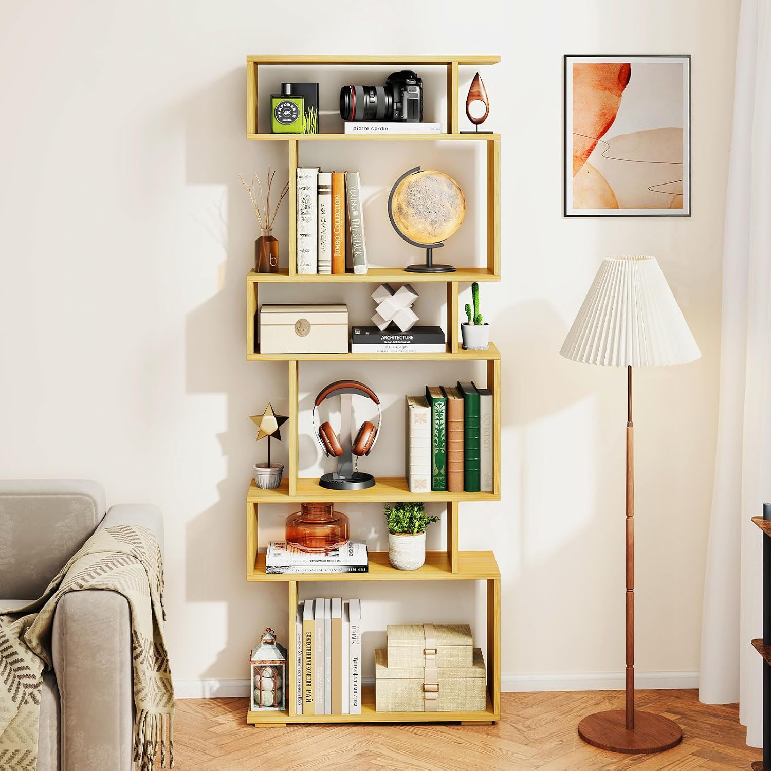 Giantex 6-Tier Geometric Bookshelves Set of 2, S-Shaped Bookcase with 2 Anti-Tipping Kits, Wooden Display Shelf, Decorative Storage Shelving Unit, Home Storage Organizer for Living Room, Burlywood