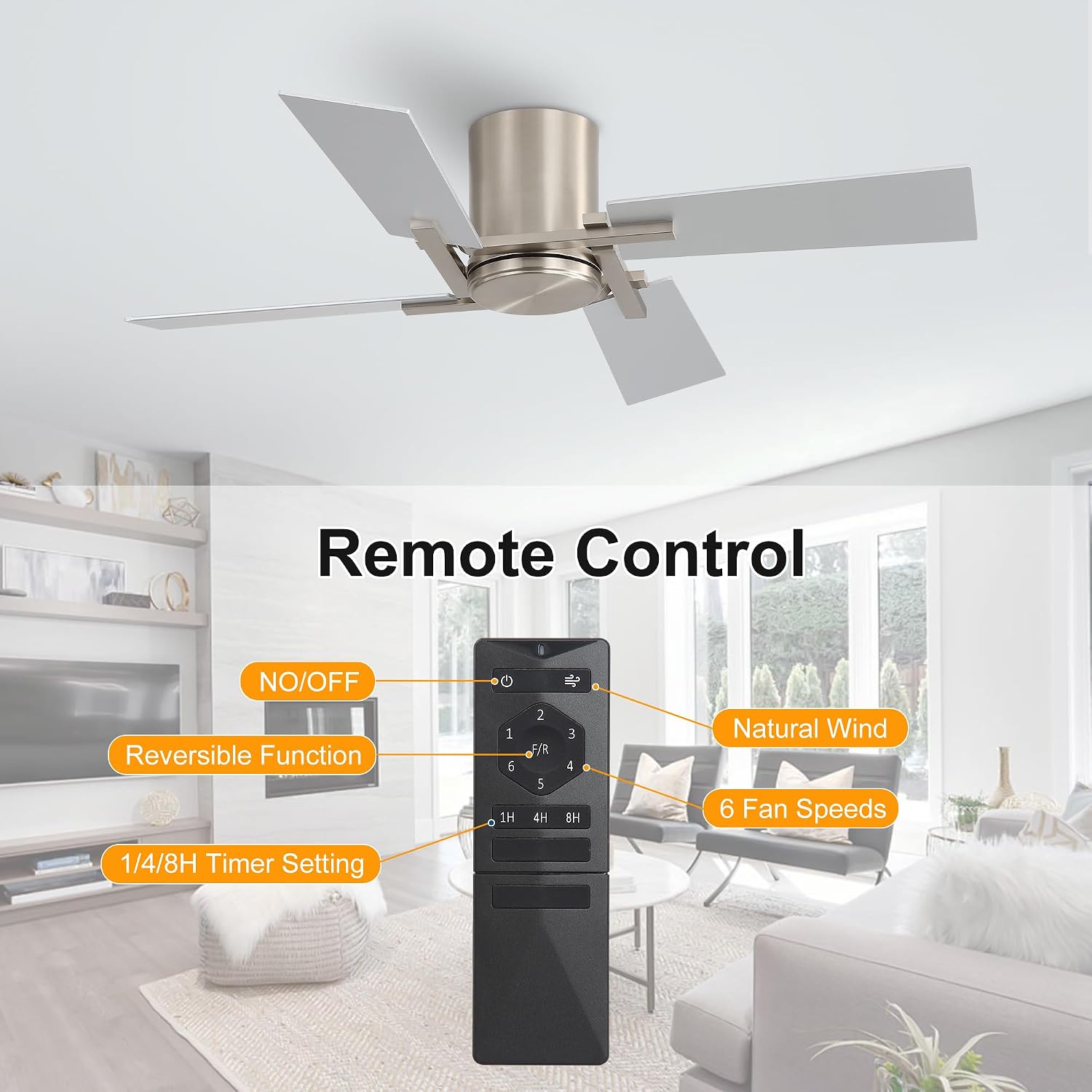 WINGBO 48 Inch Flush Mount Ceiling Fan without Light - 4 Plywood Blades, 6-Speed Reversible DC Motor, Noiseless Low Profile Ceiling Fan No Light for Bedroom Living Room, Nickel and Silver/Gray