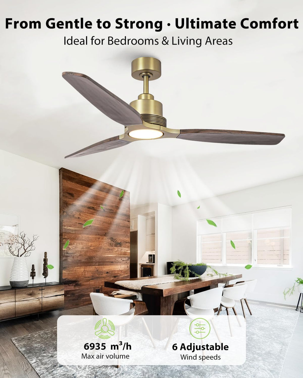 56 Inch Wood Ceiling Fan with Lights and Remote, Gold Brass Farmhouse Ceiling Fan, 3 Wood Blades, Dimmable LED, Quiet DC Motor, Reversible, Rustic Ceiling Fan for Living Room Bedroom