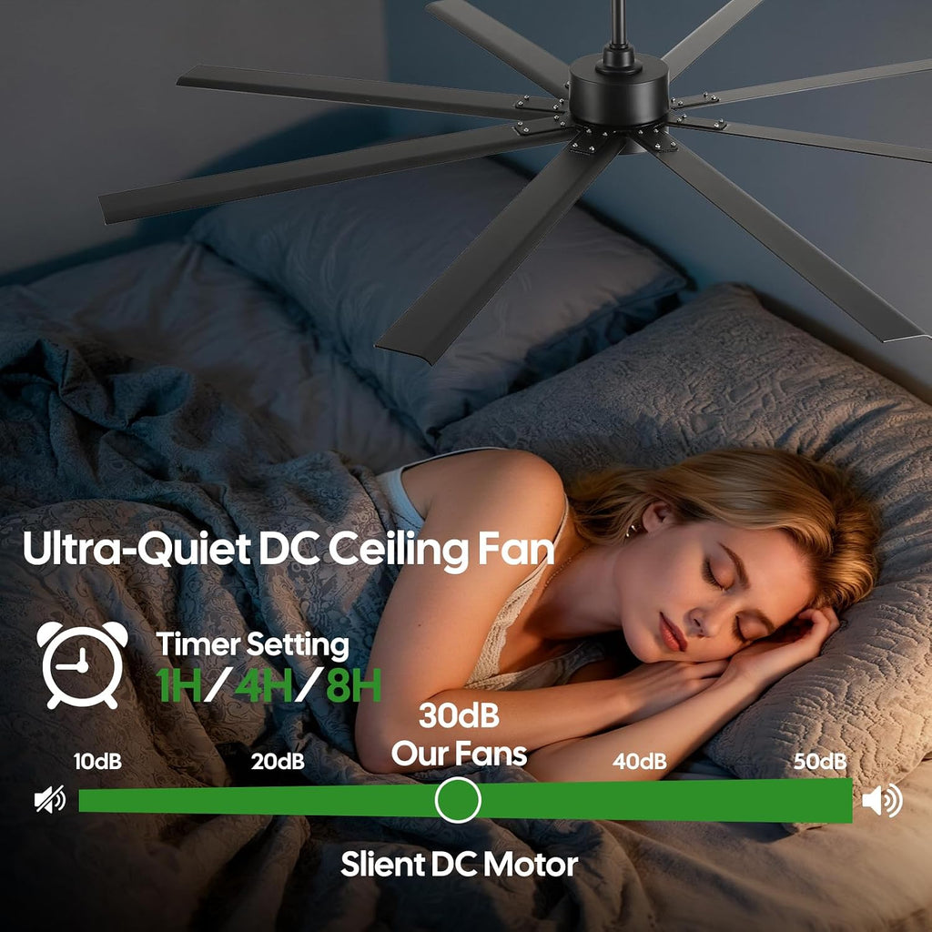 65 Inch All-Weather Outdoor Ceiling Fan with Light and Remote, IP65 Wet Rated, High CFM, 8 Large Black Waterproof Aluminum Blades, Energy Efficient Quiet DC Motor for Patio, Porch, Pergola, Garage