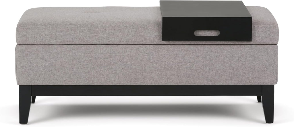 SIMPLIHOME Oregon Storage Ottoman Bench with Tray - 42 inch Wide Upholstered Linen Look Fabric Rectangle Storage Ottoman Bench in Cloud Grey, Transitional Tufted Ottoman for Living Room with Lift Top