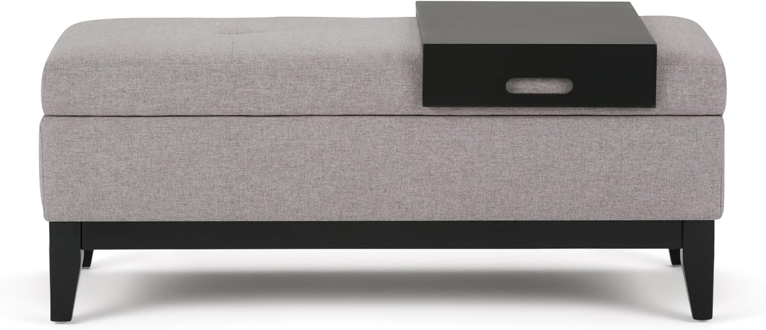 SIMPLIHOME Oregon Storage Ottoman Bench with Tray - 42 inch Wide Upholstered Linen Look Fabric Rectangle Storage Ottoman Bench in Cloud Grey, Transitional Tufted Ottoman for Living Room with Lift Top