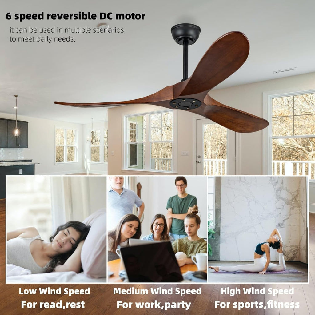 52 Inch Solid Wood Ceiling Fan, 3 Blades, Reversible DC Motor, Ultra Silent Dark Walnut Lampless Ceiling Fan for Living Room, Bedroom, Dining Area, Outdoor Patio(Dark Walnut, 52 inch)