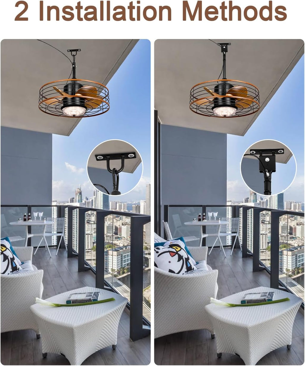 20' Outdoor Ceiling Fan with Lights and Remote Control, Black Gazebo Ceiling Fans 6 Speeds, Portable Hanging Waterproof Caged Ceiling Fan with Dimmable LED Lights for Gazebo, Patios