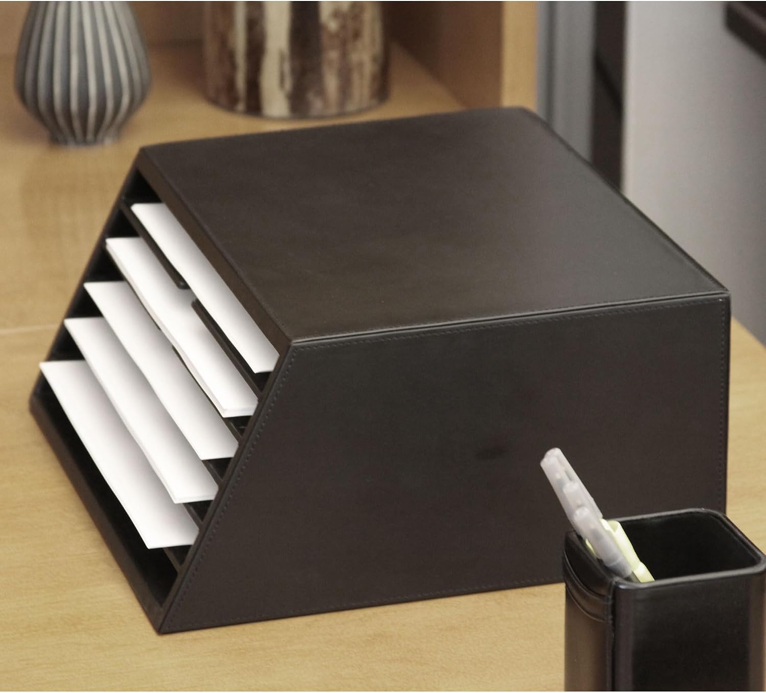 Dacasso Classic Black Leather Vertical Letter Sorter & Paper Organizer for Desk - Executive Decor & Office Organization Essential