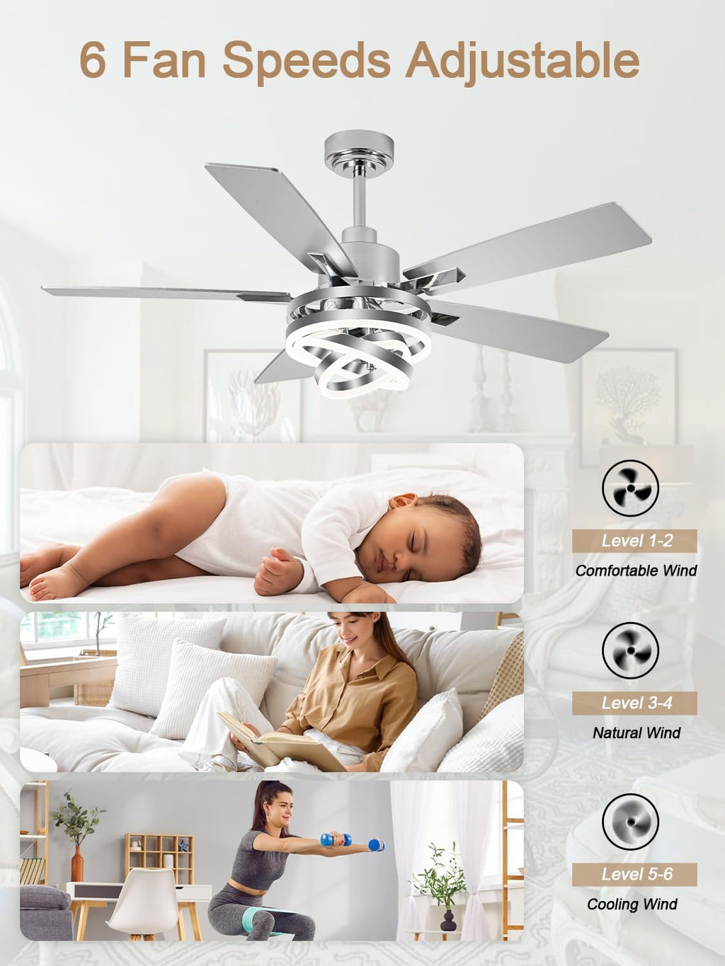52 Inch Fandelier Ceiling Fan with Lights and Remote Modern Ceiling Fans Silver Chandelier LED Light Quiet Reversible DC Motor Dimmable 3CCT 6 Wind Speeds for Indoor Outdoor Living Room