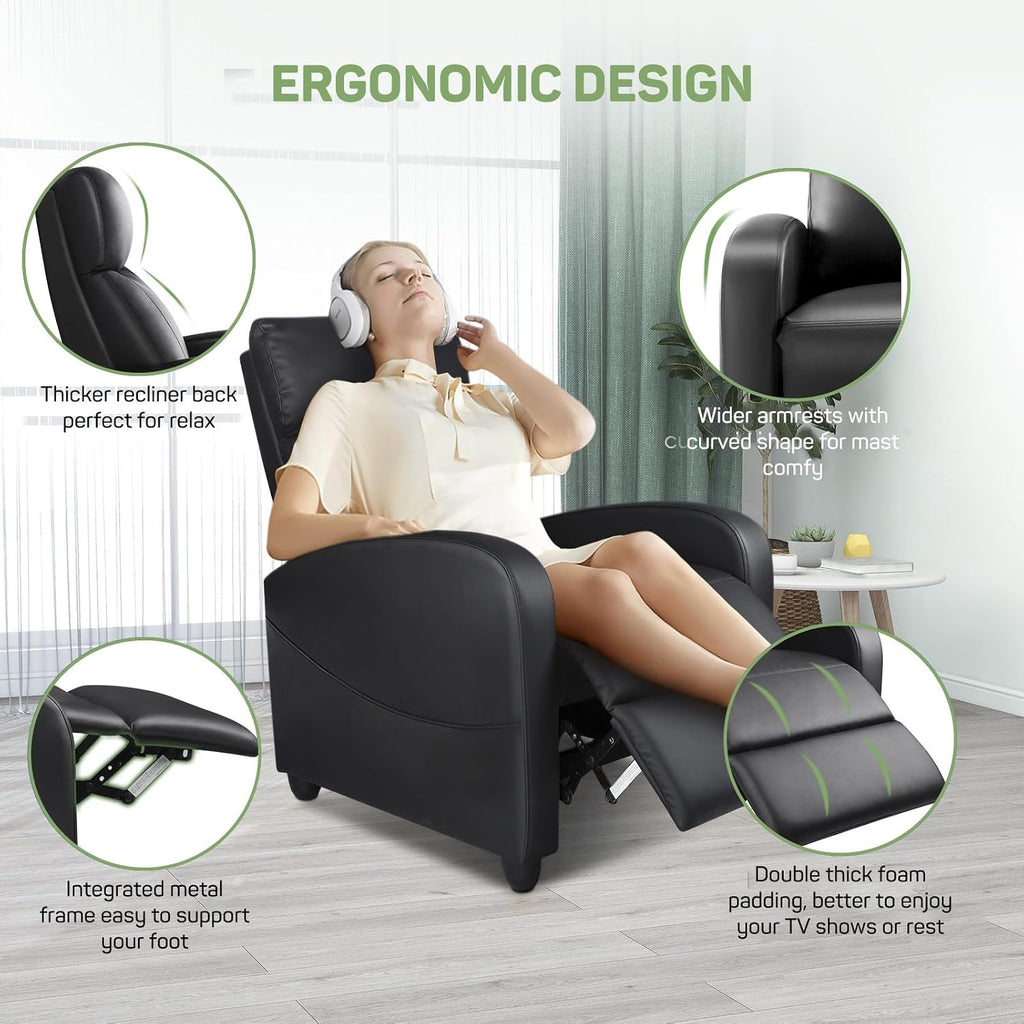 Recliner Chair with Massage and Lumbar Support, Small PU Leather Home Theater Seating, Adjustable Modern Reclining Chair for Adults in Living Room