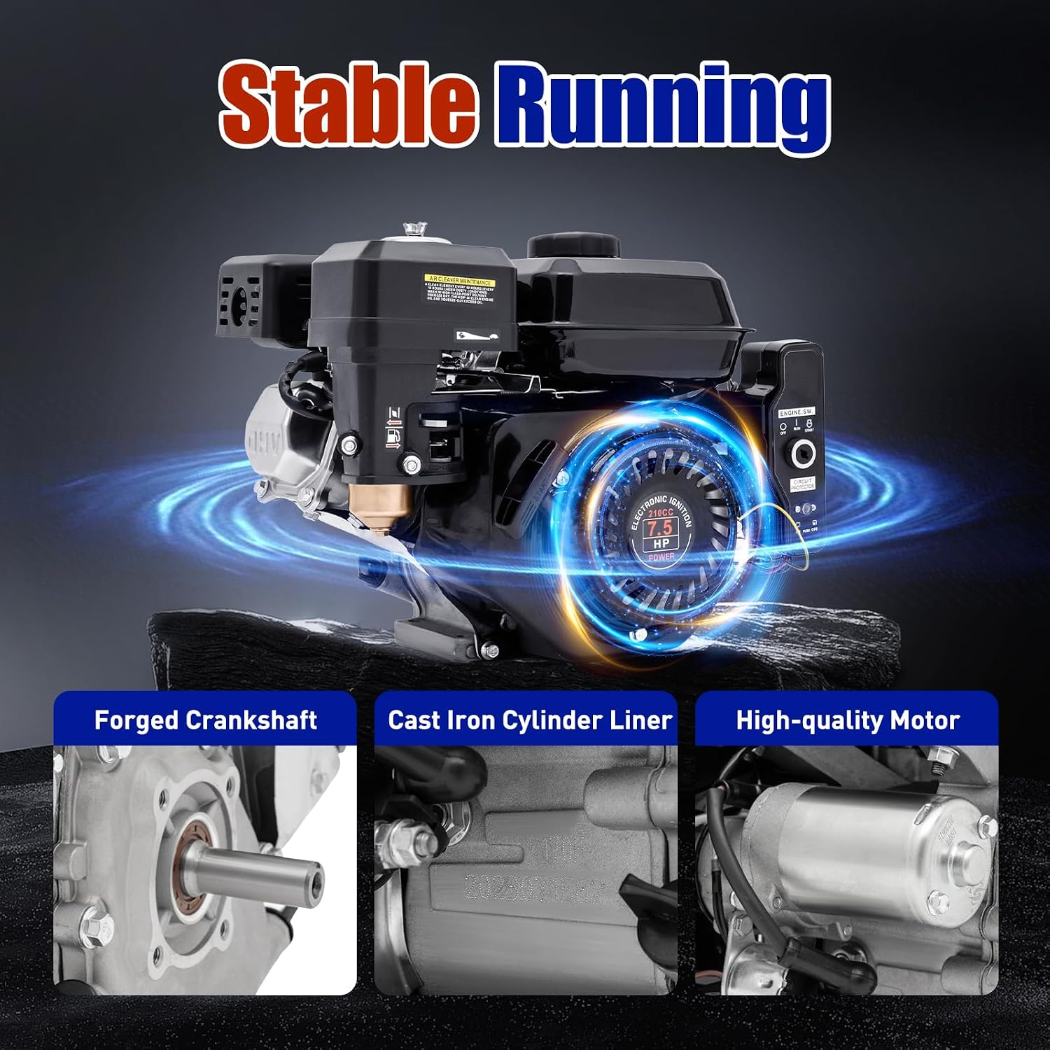 212cc 7.5HP 4 Stroke Gas Engine, 3600RPM Gas Engine with Forced Air Cooling 4-Stroke Electric Start Motor Industrial Grade OHV Gasoline Engine Go Kart Gas Engine Motor for Mowers Garden Tiller