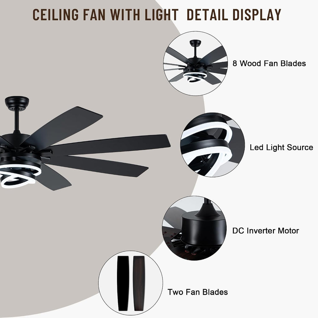 72'' Black Ceiling Fans with Lights and Remote, Indoor/Outdoor Large Chandelier Fan with DIY Rings LED,Fandelier Ceiling Fans with Lights for Living Room/Porch/Patio