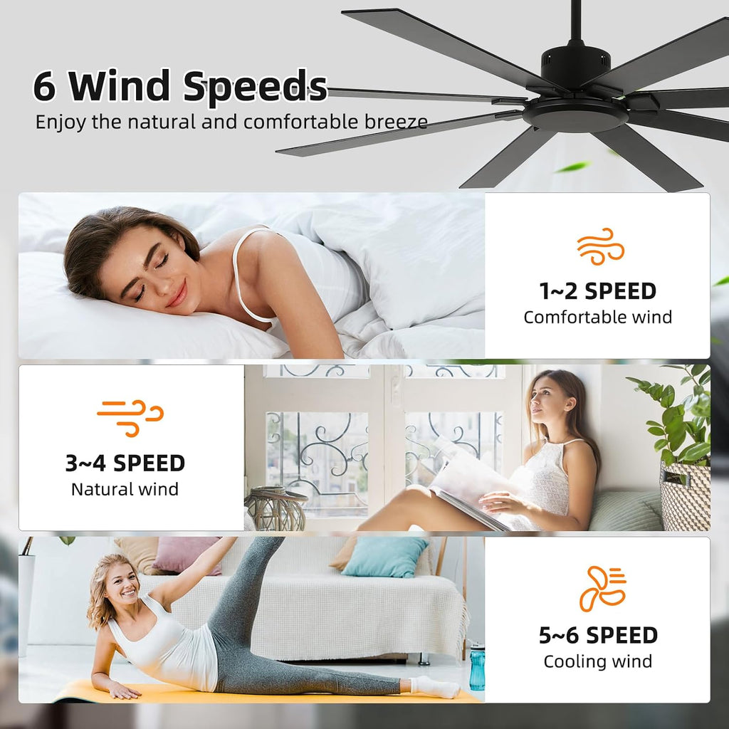 72 Inch Ceiling Fan no Light, Black Ceiling Fan with Remote, 6-Speeds, Quiet Reversible DC Motor, Industrial Ceiling Fans without Lights for Patios, Living Room, Garage