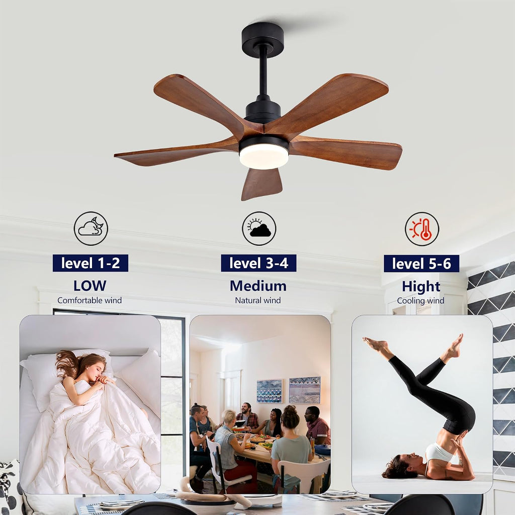 Black Ceiling Fans with Lights and Remote, 42 Inch Outdoor Ceiling Fan for Patios with Light 5 Blades Ceiling Fan Noiseless Reversible DC Motor, Wood Fan for Farmhouse