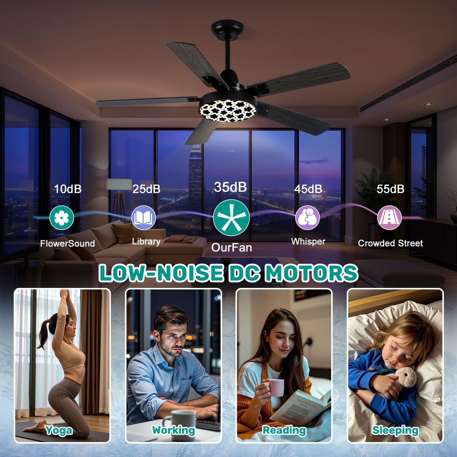 Modern Ceiling Fans with Lights Remote, Black White Cow Print seamless from Country Sunflower Collection 42 Inch Ceiling Fan for Bedroom Living Room Farmhouse, 6 Speed Reversible Quiet Motor