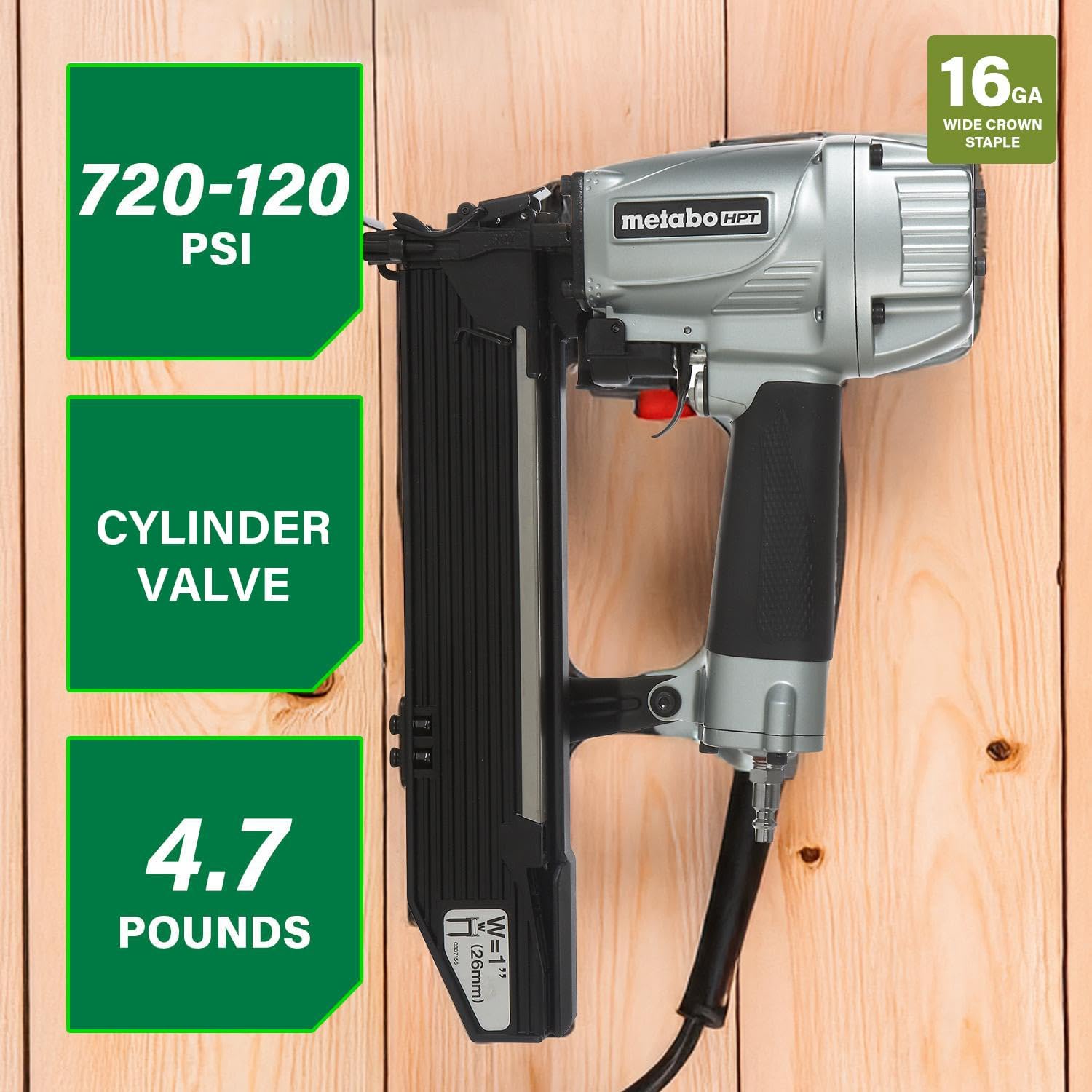 Metabo HPT Wide Crown Stapler, Pro-Preferred Pneumatic Power Nailers, Lathing Tool for Sheathing & Insulation, Quick Response, 16 Gauge, Up to 150 1' Wide Crown Staples, Length 1' to 2', N5024A2