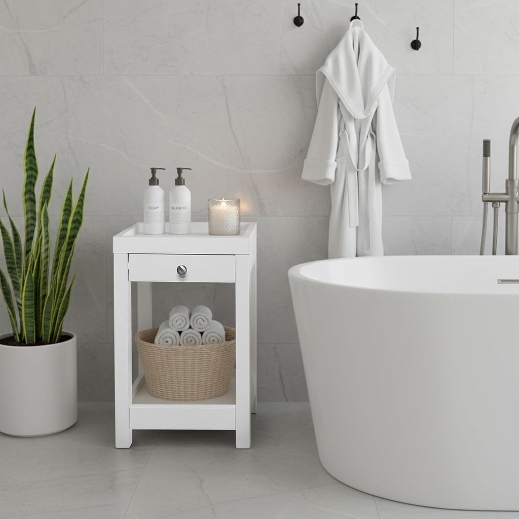 Casual Home Solid Wood Bath Tray Side Table with Drawer, White