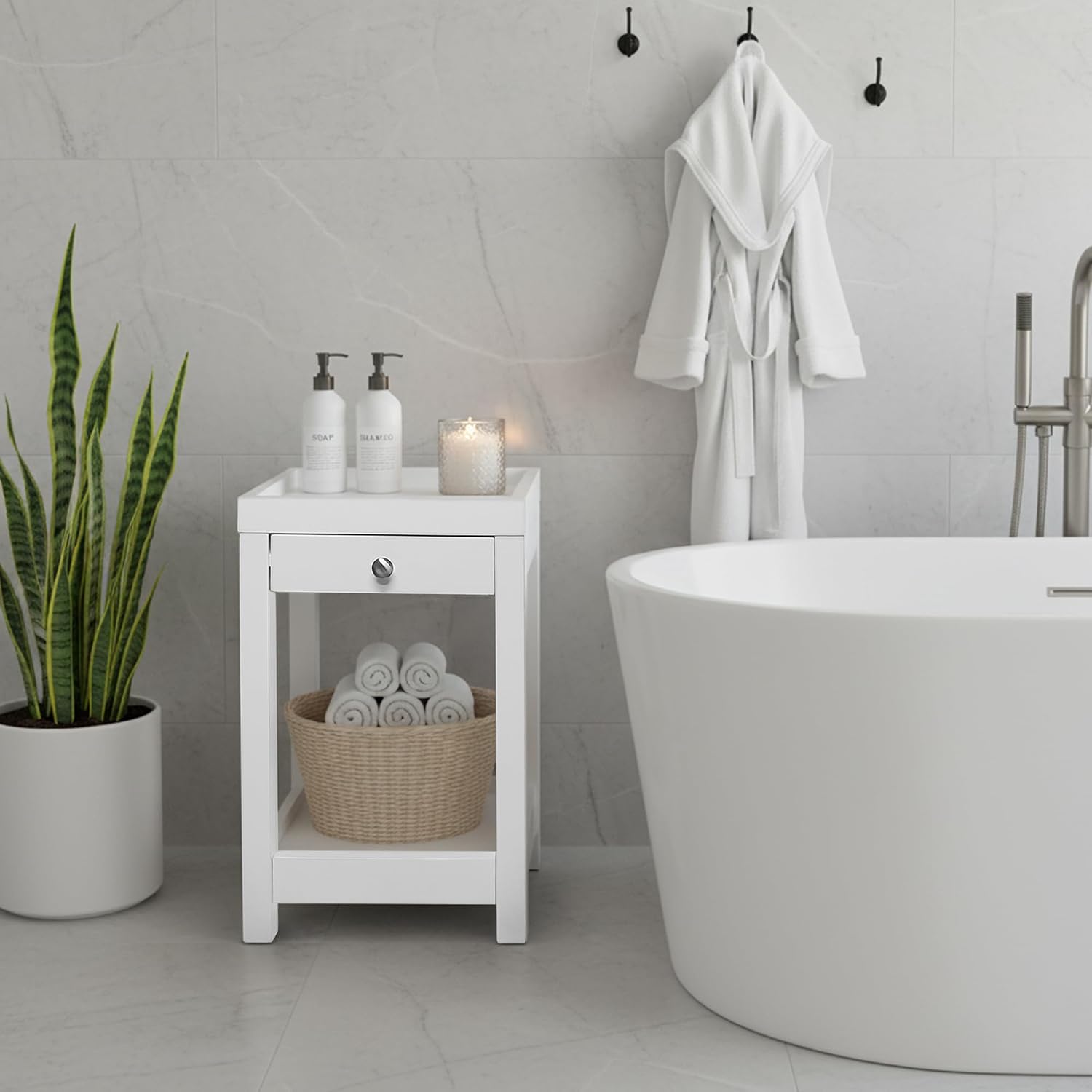 Casual Home Solid Wood Bath Tray Side Table with Drawer, White