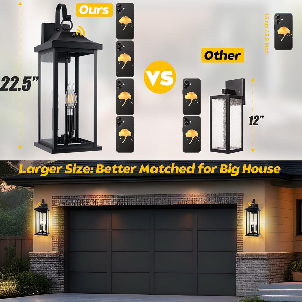 23' Dusk to Dawn Outdoor Lighting Extra Large 1 Pack, 3-Light Candelabra Front Porch Light with Photocell Sensor Outside Wall Sconce Modern Exterior Lighting Fixture Carriage Light, E12