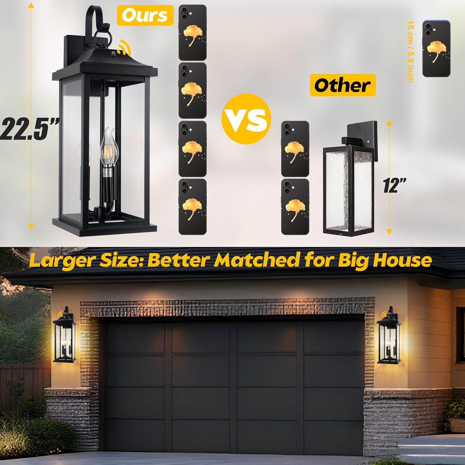23' Dusk to Dawn Outdoor Lighting Extra Large 1 Pack, 3-Light Candelabra Front Porch Light with Photocell Sensor Outside Wall Sconce Modern Exterior Lighting Fixture Carriage Light, E12