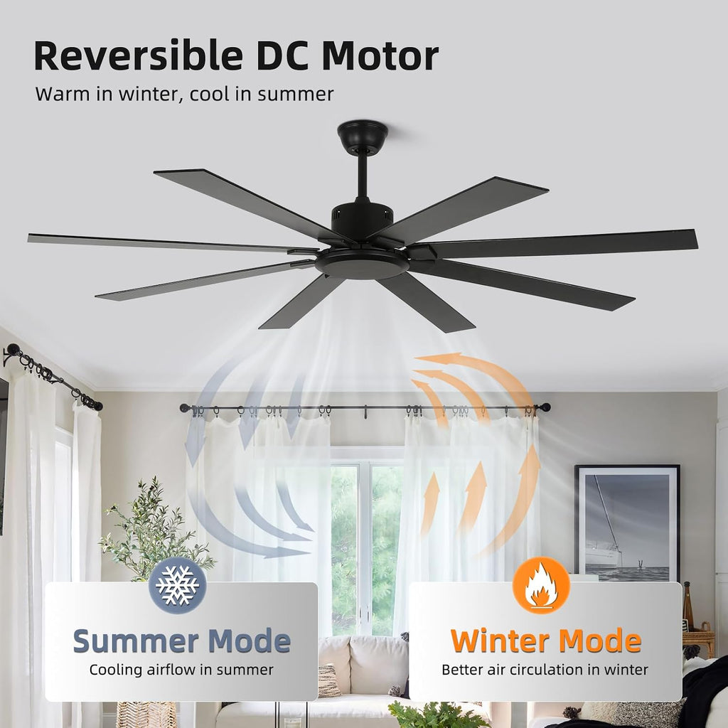 72 Inch Ceiling Fan no Light, Black Ceiling Fan with Remote, 6-Speeds, Quiet Reversible DC Motor, Industrial Ceiling Fans without Lights for Patios, Living Room, Garage
