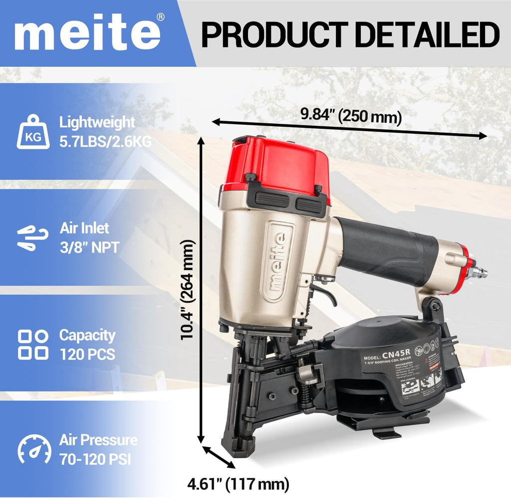 meite CN45R Roofing Nailer 15 Degree Coil Roofing Nail Gun, Pneumatic Nail Gun Accepts 7/8' to 1-3/4' Coil Roofing Nails, Roofing Nailer with 120 Nail Magazine for Asphalt Shingles Decking Sheathing