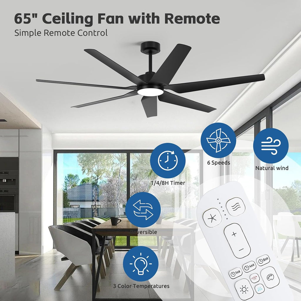 65 Inch Outdoor Ceiling Fans for Patios with Lights, Modern Black Smart Ceiling Fan with Alexa/Remote Control, Wet Rated 7-Blade Large Outdoor Fan for Living Room Gazebo Garage, Quiet DC Motor
