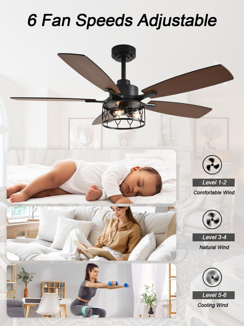 Rustic Ceiling Fan with Lights and Remote, Large Farmhouse Ceiling Fan Caged Fandelier Chandelier, Reversible Quiet DC Motor 6 Speeds for Living Room (Black Cage, 52 Inch)