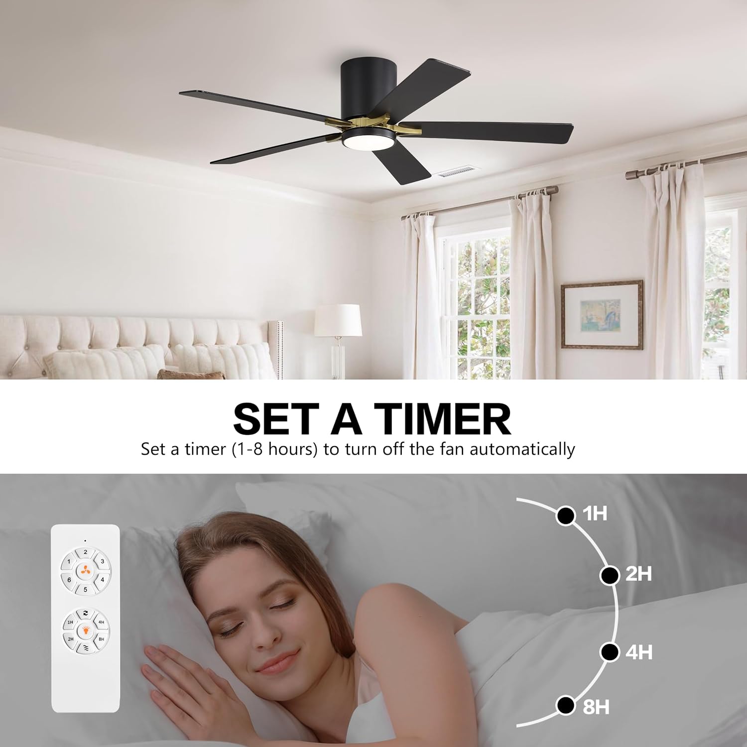 WINGBO 48' DC Flush Mount Ceiling Fan with Lights, 5 Plywood Blades, 6-Speed Reversible DC Motor, 3CCT, Low Profile Hugger Ceiling Fan for Living Room Bedroom Kitchen, Black and Brass