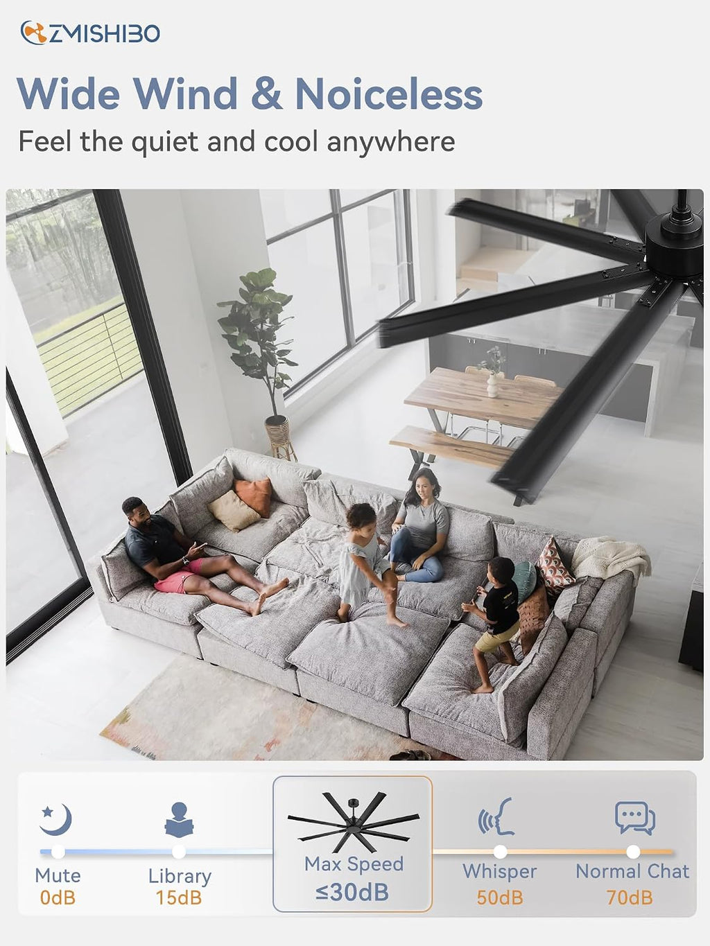 ZMISHIBO 72 Inch Ceiling Fan No Light, Large Black Ceiling Fan with Remote, Quiet DC Motor, and 6 Speeds, Indoor/Outdoor Industrial Ceiling Fans 8 Aluminum Blades for Patio, Garage, Shop, Black