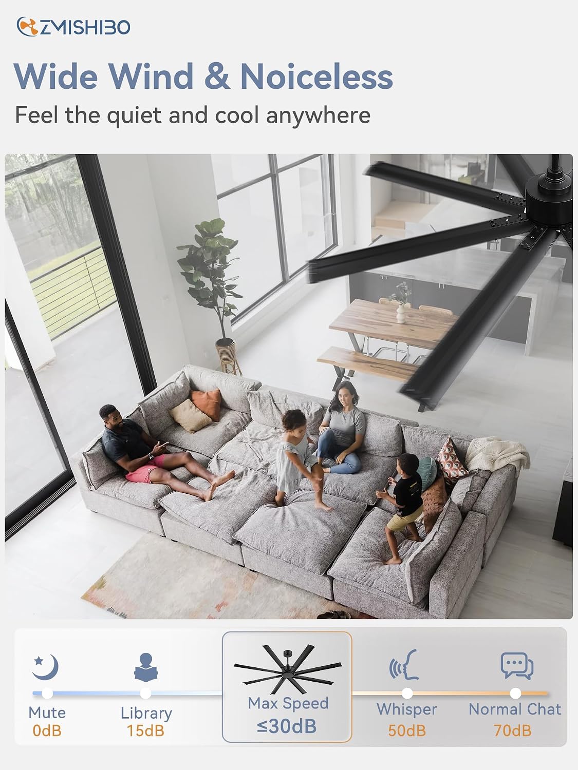 ZMISHIBO 72 Inch Ceiling Fan No Light, Large Black Ceiling Fan with Remote, Quiet DC Motor, and 6 Speeds, Indoor/Outdoor Industrial Ceiling Fans 8 Aluminum Blades for Patio, Garage, Shop, Black