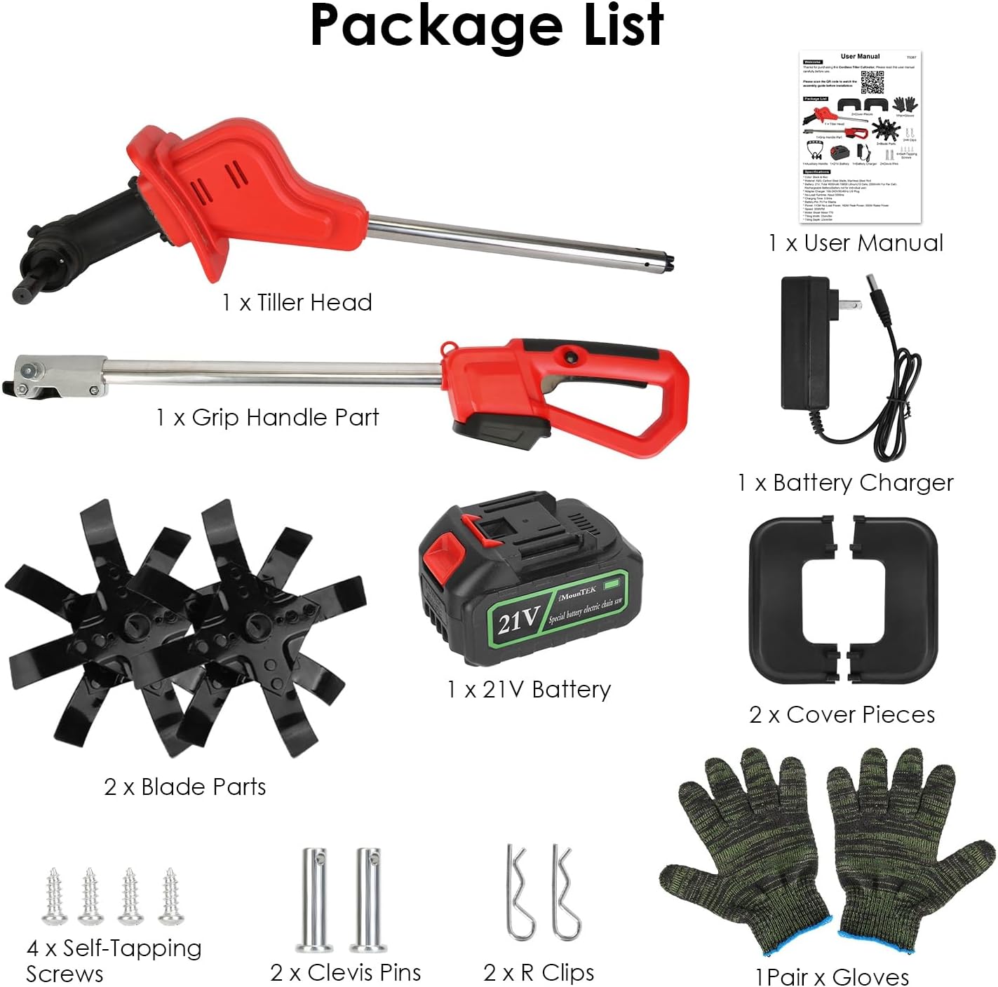 TeqHome 21V Cordless Tiller Cultivator, 300RPM Electric Garden Tiller with 16 Steel Tines, 4AH Battery & Charger, 9-in Tilling Width & 9-in Depth Garden Rototiller for Lawn/Gardening/Soil Cultivation