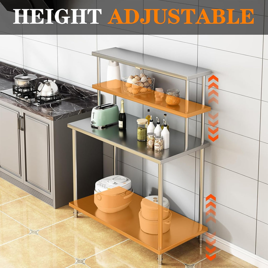 Garvee 48 in x24 in Stainless Steel Table with Shelves, Commercial Kitchen Prep Table with 2 Tier Overshelf, Heavy Duty Metal Worktable for Home Kitchen Restaurant Garage Warehouse