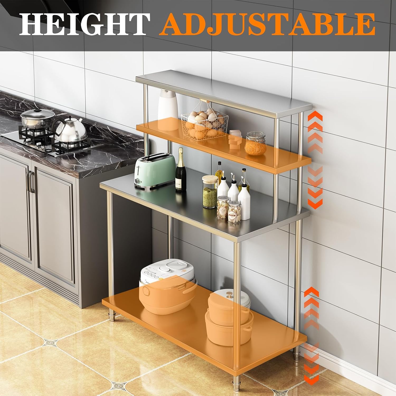 Garvee 48 in x24 in Stainless Steel Table with Shelves, Commercial Kitchen Prep Table with 2 Tier Overshelf, Heavy Duty Metal Worktable for Home Kitchen Restaurant Garage Warehouse