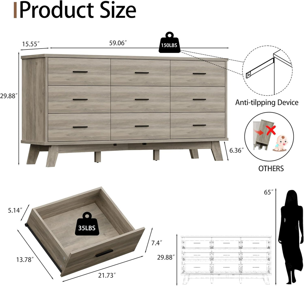 Xixini Dresser for Bedroom, 9 Drawer Wide Modern Chest of Drawers with X-Shaped Sturdy Base, Wood Double Dresser Closet Clothes Storage Organizer, Wooden TV Stand for Living Room, Hallway, Grey